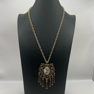 Gorgeous Brass Tone Filagree Vintage Pendant Necklace w/ Geometric Dangles